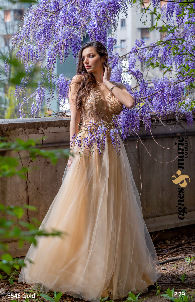  Produto: 8546 GOLD, Categoria: Vestidos de Cerimónia, Ano: 2023, Marca Agnes & Marie